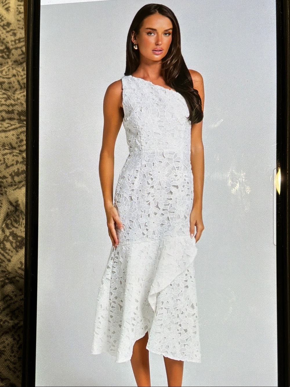 Showpo US6 Beth Midi One Shoulder Ruffle Hem Elegant White Lace Midi Dress